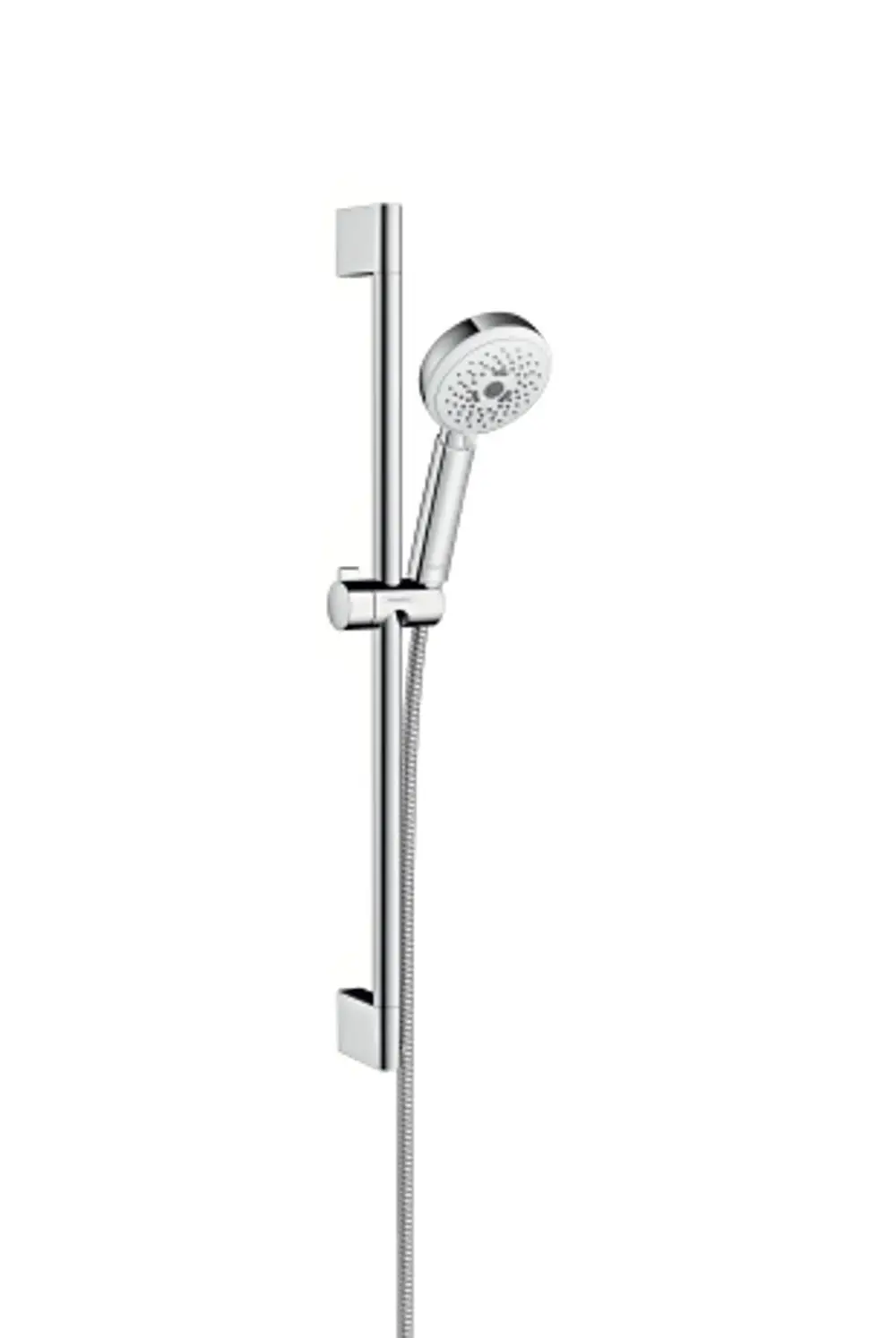 Hansgrohe Duschset mit Halterung und Schlauch, montiert an der Wand. Der Duschkopf ist verstellbar und das Design ist in Weiß und Chrom gehalten.
